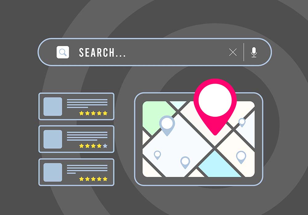 image of a map with a location on the map and search results on the left hands side