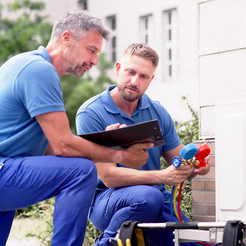two hvac technicians working on an AC unit