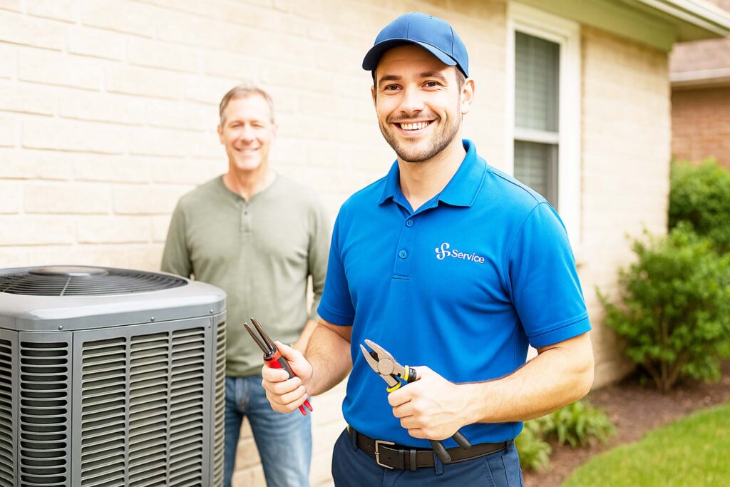 hvac tech standing next to ac unit with happy customer