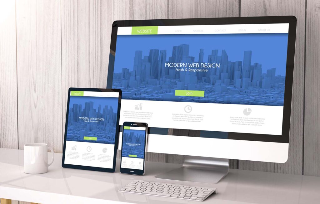 Digital generated devices on desktop, responsive business website design on screen. All screen graphics are made up. 3d rendering.