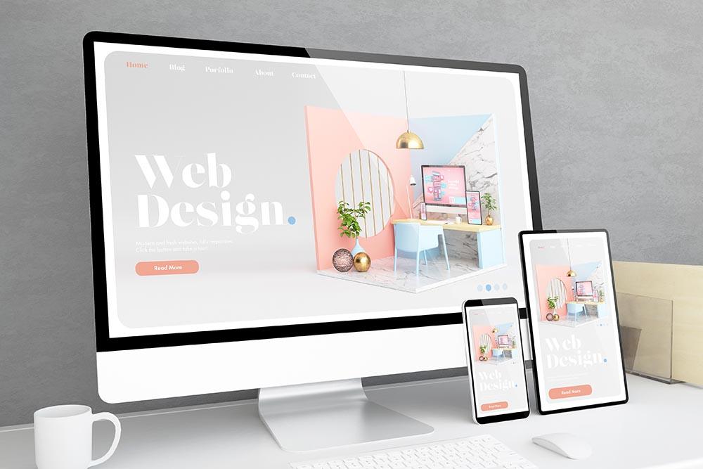 Responsive devices at office desktop 3d rendering with web design