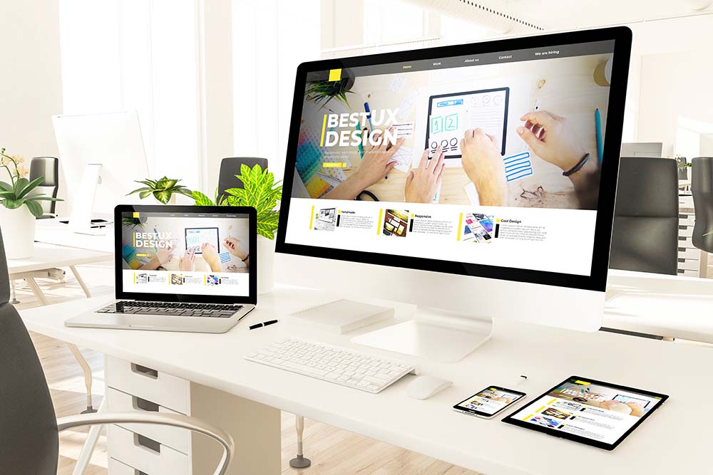 responsive devices at loft office showing ux design website 3d rendering mockup